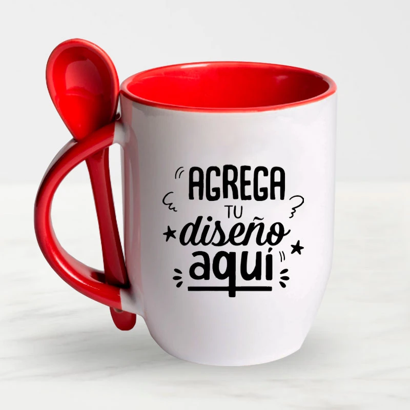 Taza blanca con interior, asa de color y cucharita